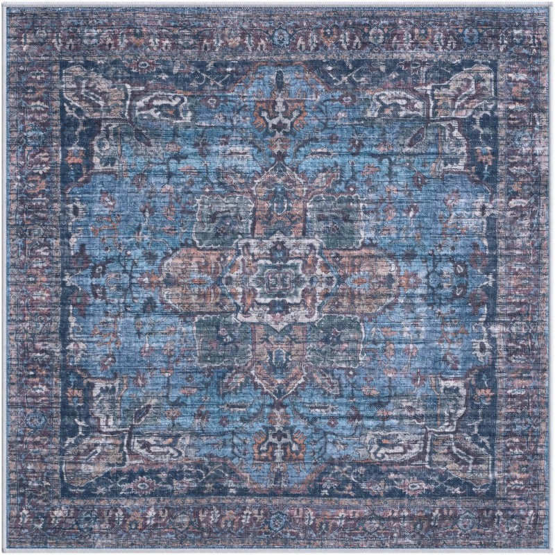 4' x 4' Roarke · Distressed medallion rug, blue and rust