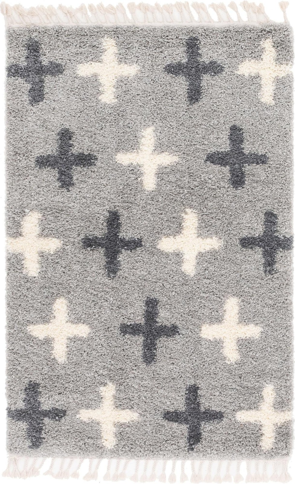 4' x 6' Porteous · Cross pattern Shag Rug, gray and ivory