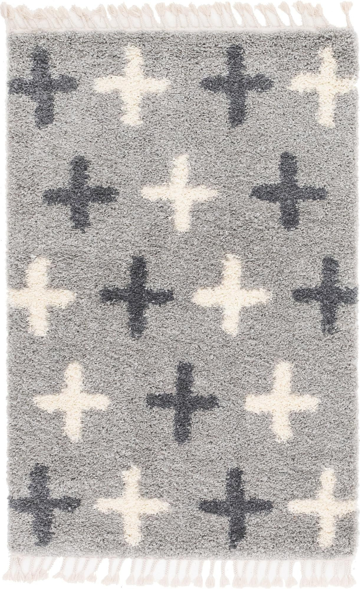 4' x 6' Porteous · Cross pattern Shag Rug, gray and ivory