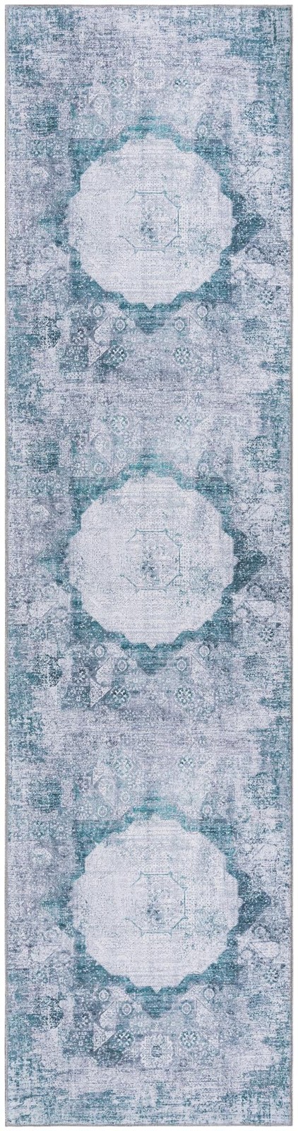 2' 7 x 10' Fallowfield · Distressed medallion Washable Rug, teal and ivory