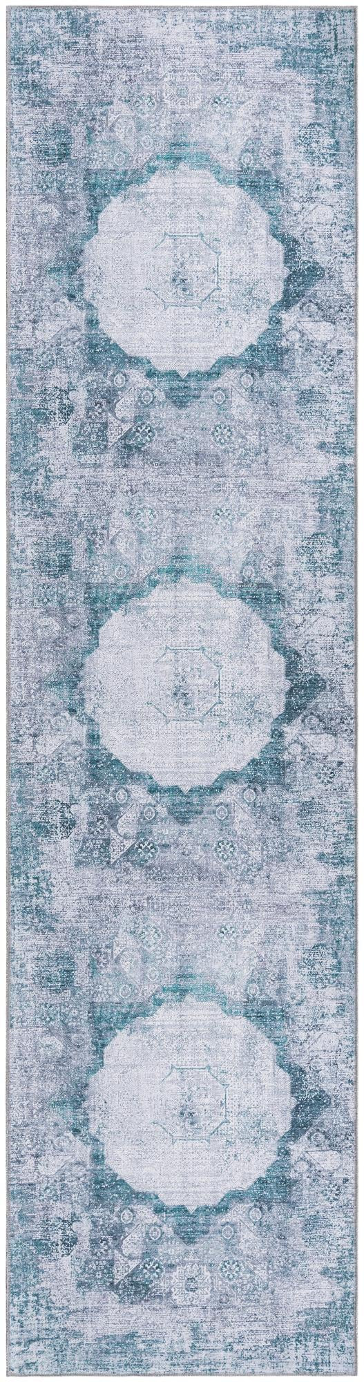 2' 7 x 10' Fallowfield · Distressed medallion Washable Rug, teal and ivory