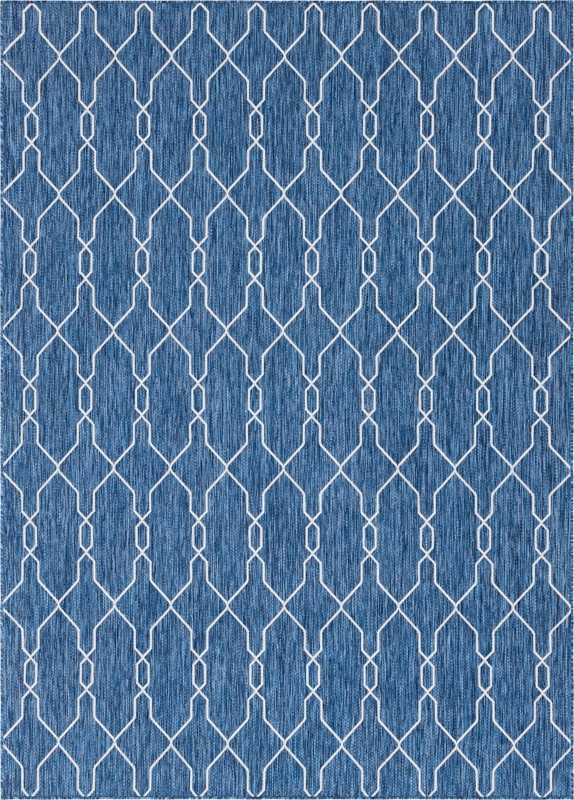 7' 10 x 11' Bronson · Geometric lattice Outdoor Rug, blue and ivory