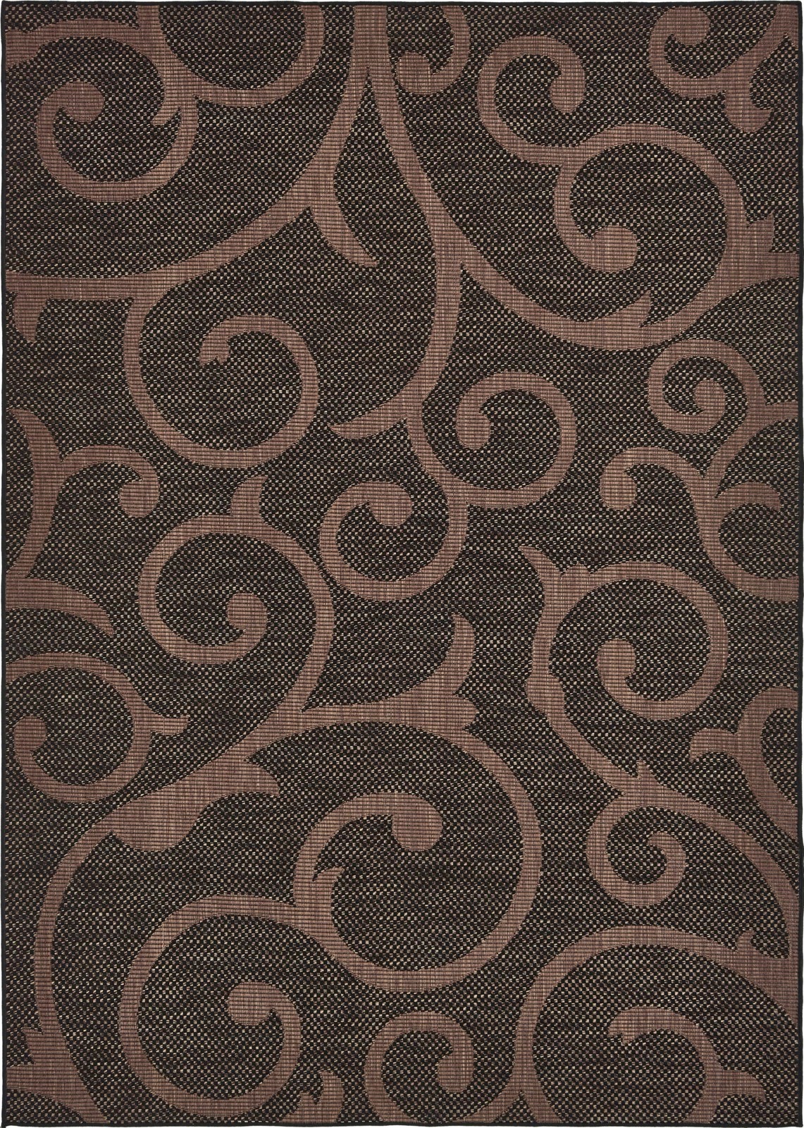 7' x 10' Fanshawe · Scrollwork Outdoor Rug, chocolate and black