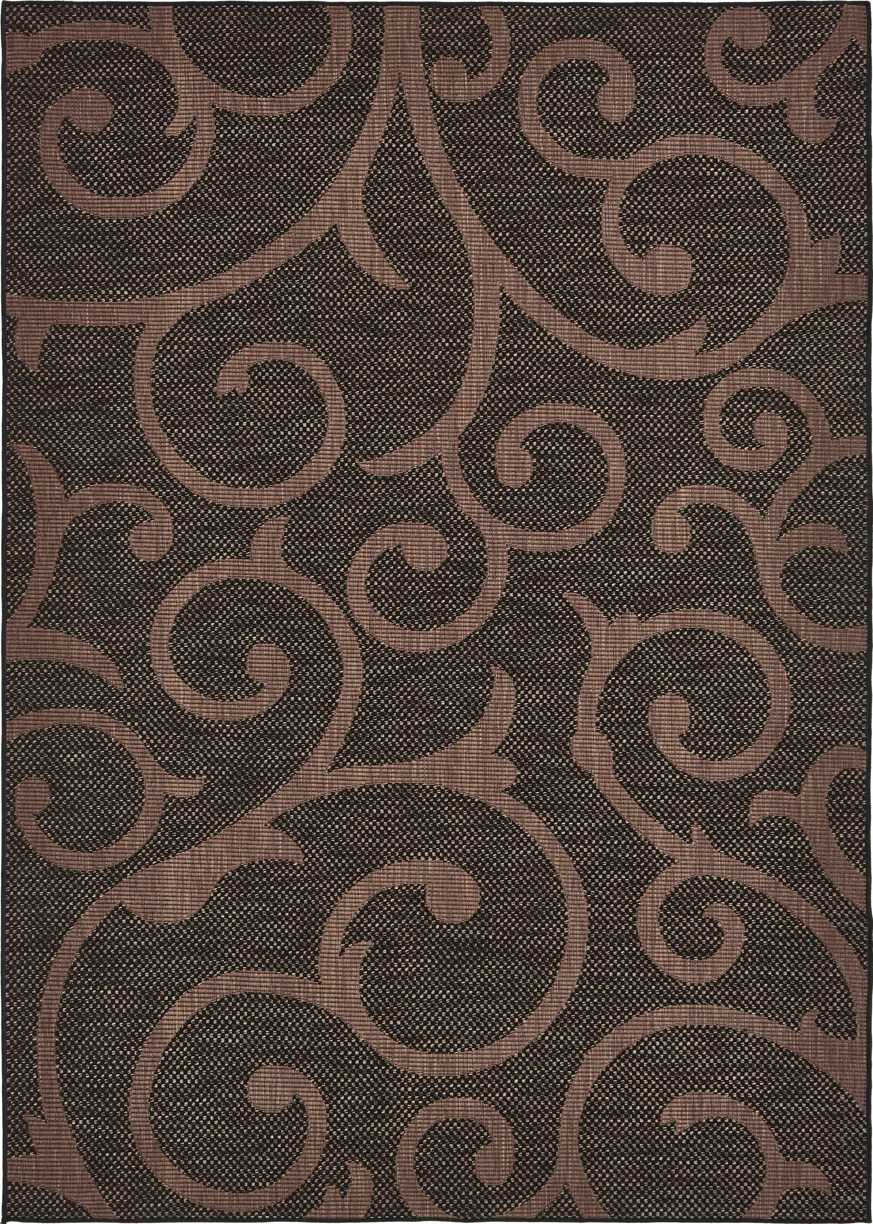 7' x 10' Fanshawe · Scrollwork Outdoor Rug, chocolate and black