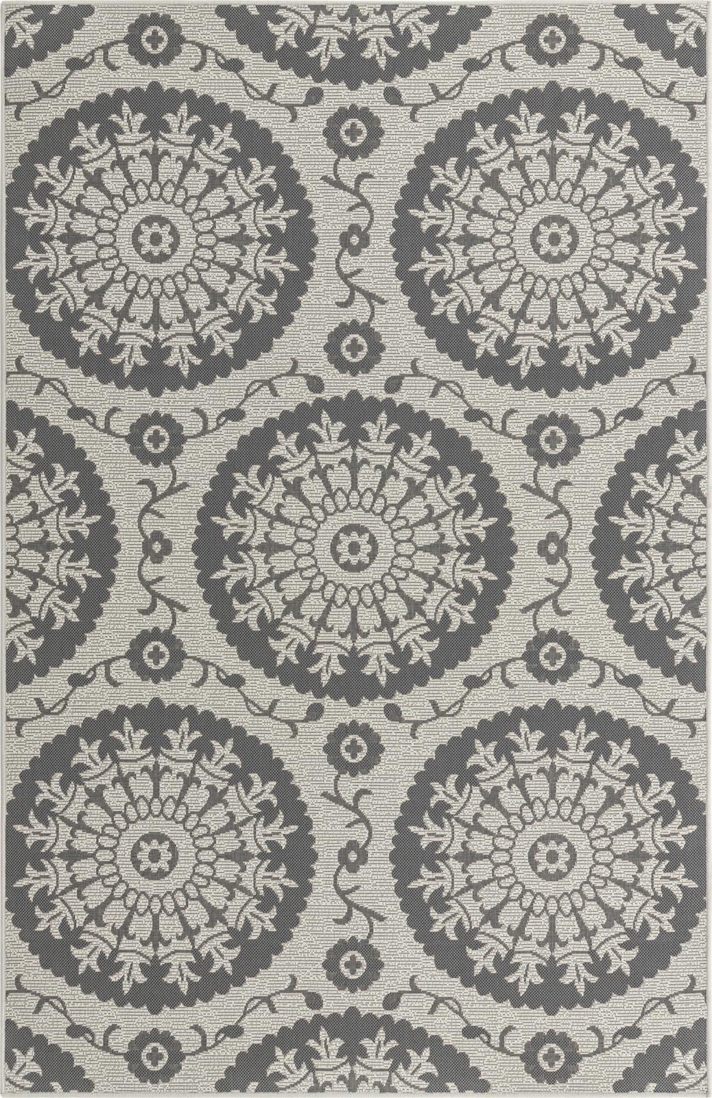5' 3 x 8' Fanshawe · Medallion Outdoor Rug, gray and silver