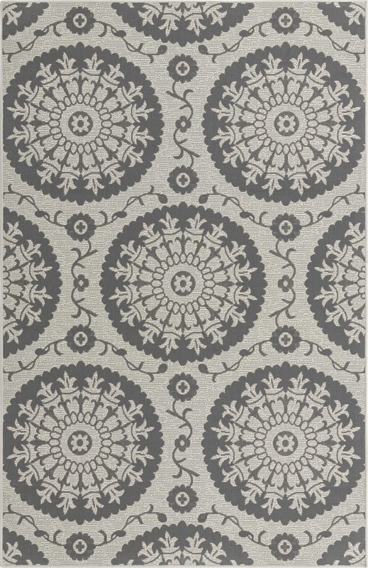5' 3 x 8' Fanshawe · Medallion Outdoor Rug, gray and silver
