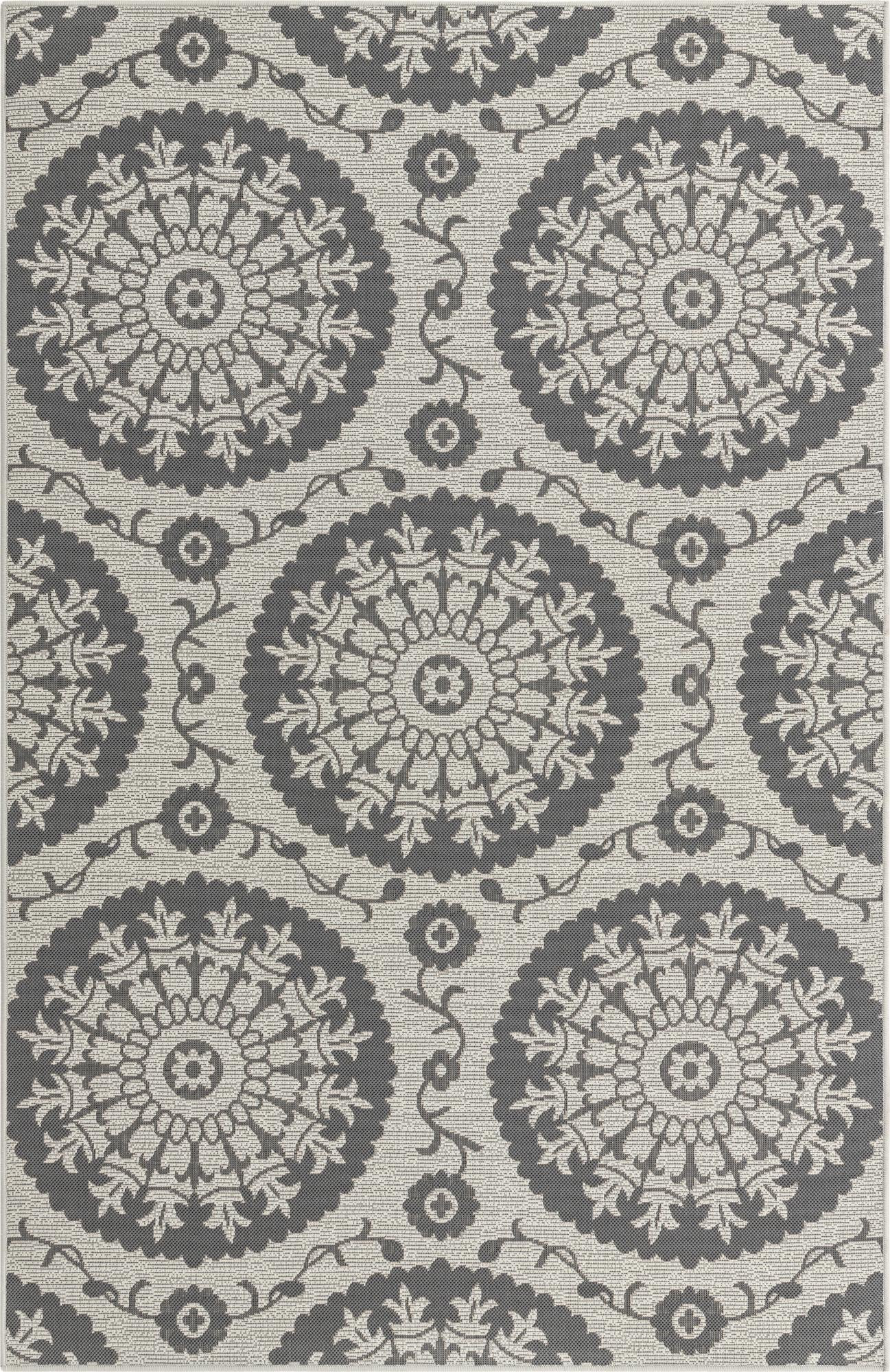 5' 3 x 8' Fanshawe · Medallion Outdoor Rug, gray and silver