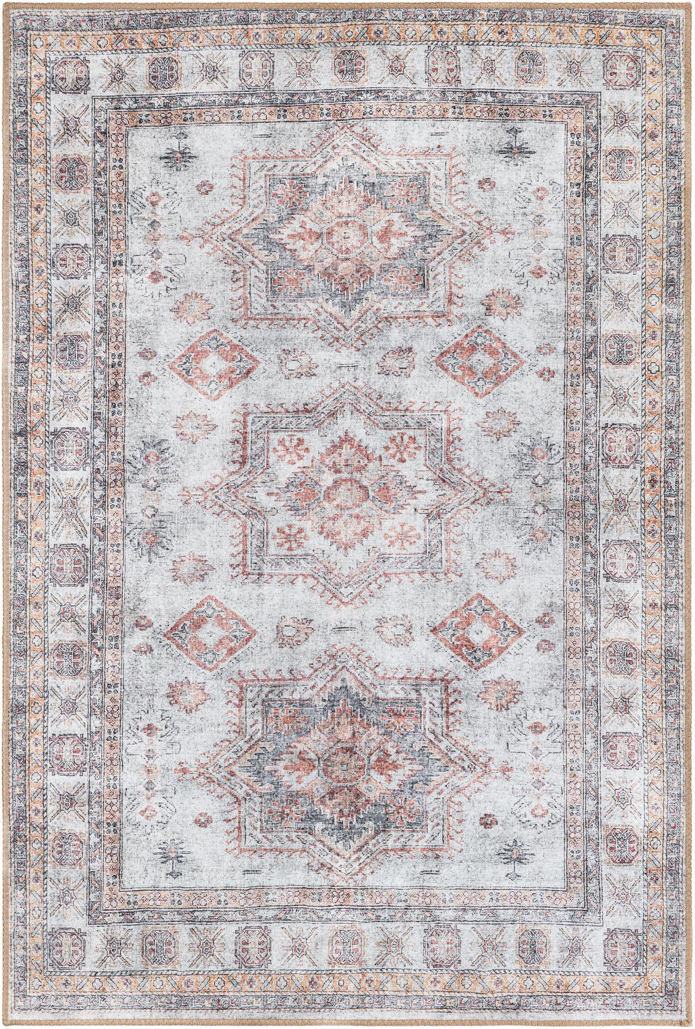 4' 1 x 6' 1 Pickett · Faded medallion Washable Rug, ivory and terracotta