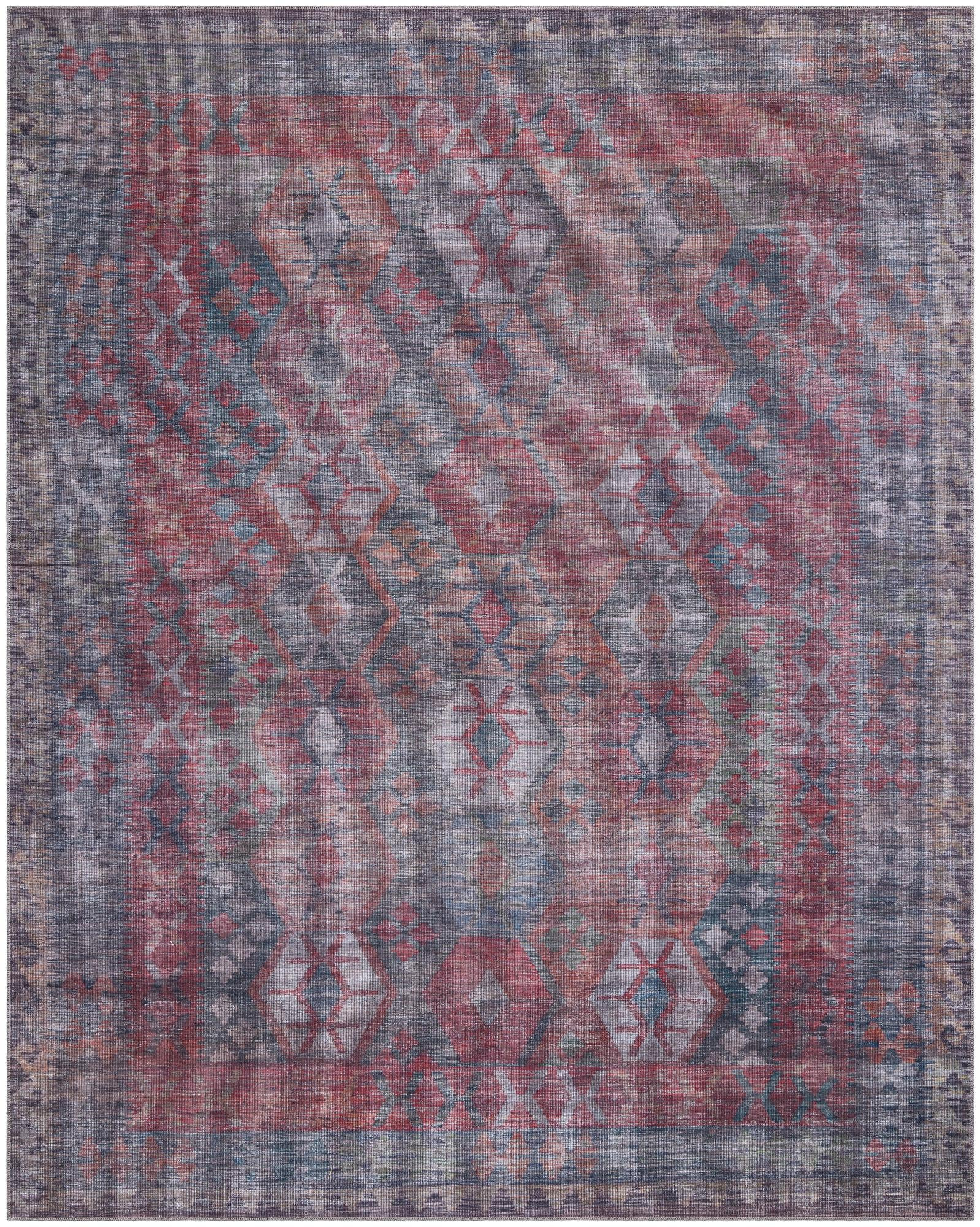 10' 6 x 13' Fleming · Geometric diamond Washable Rug, rust and blue