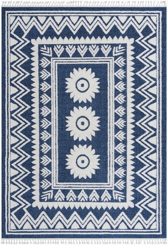 9' 6 x 14' 3 Carlin · Geometric border rug, blue and ivory