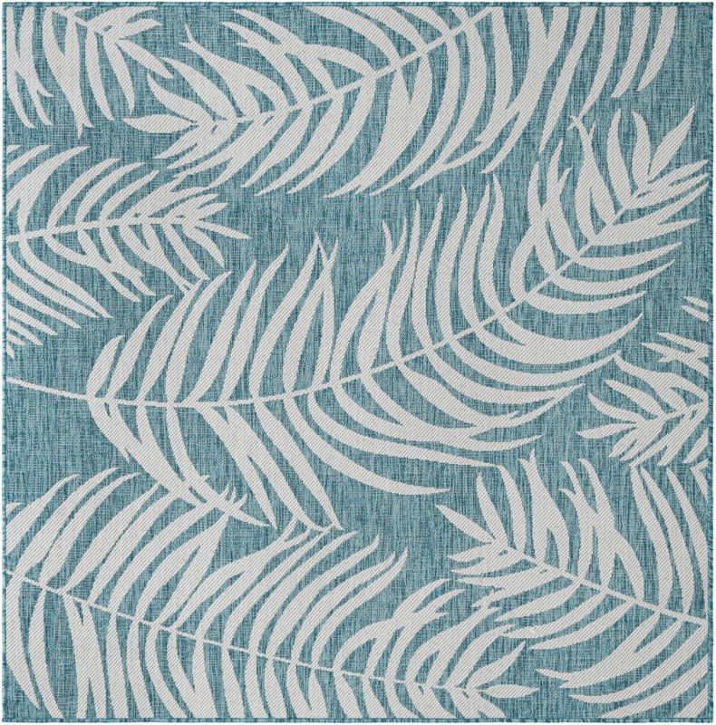 6' x 6' Moody · Palm leaf Outdoor Rug, aqua and ivory