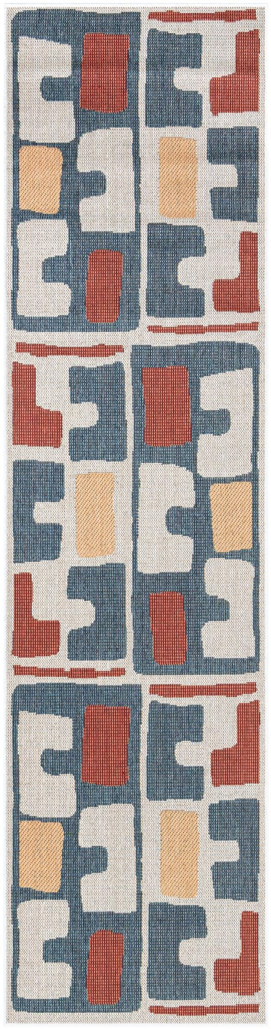 2' 7 x 10' Wainwright · Geometric Outdoor Rug, ivory and blue