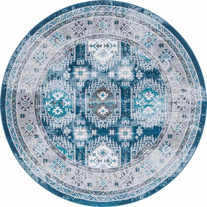 8' x 8' Wells · Geometric round rug, blue and gray