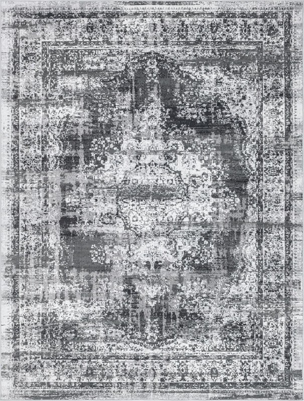 9' x 12' Eloise · Distressed medallion rug, gray and ivory