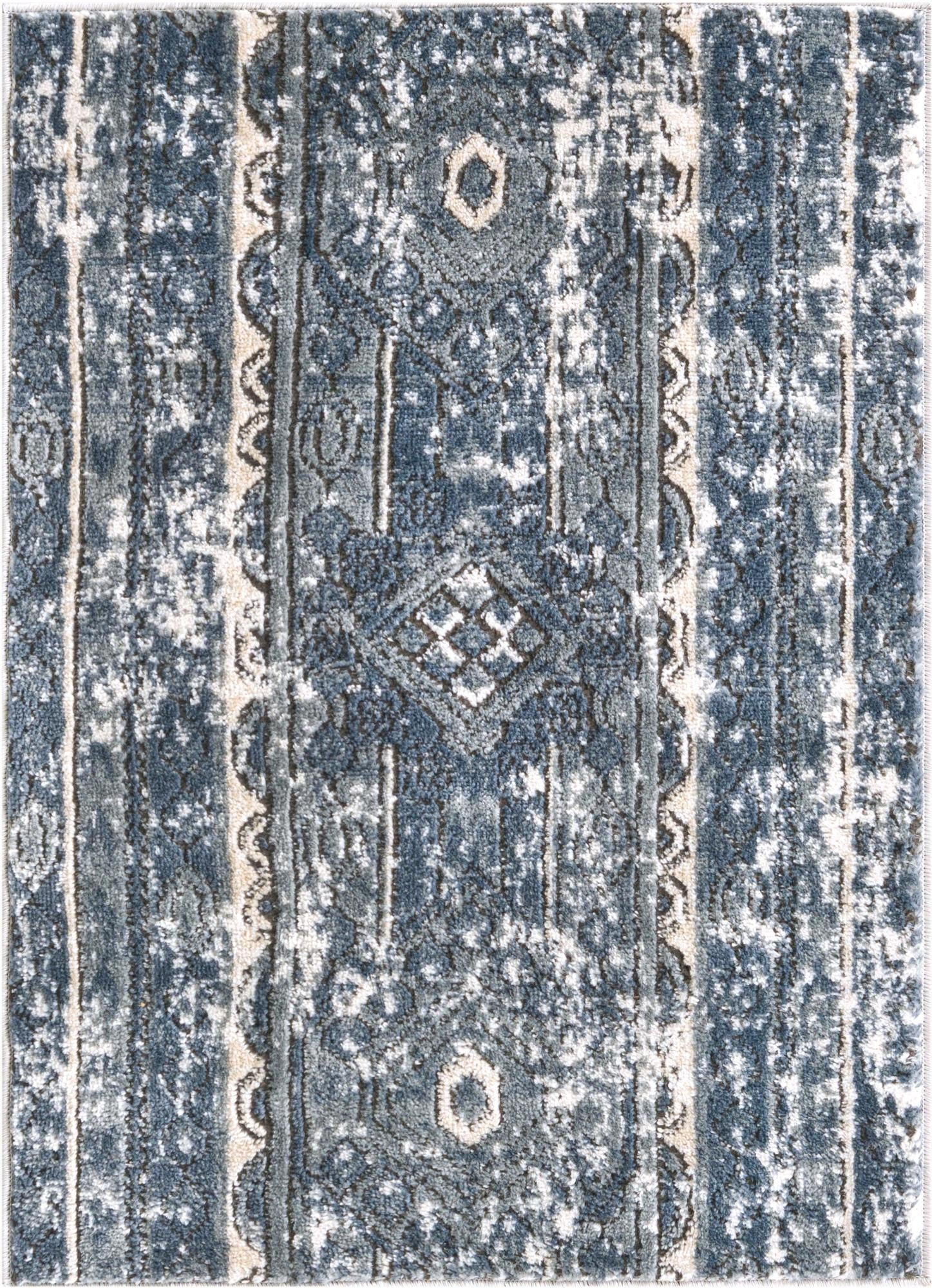 2' 2 x 3' Grouse · Distressed striped rug, blue and beige