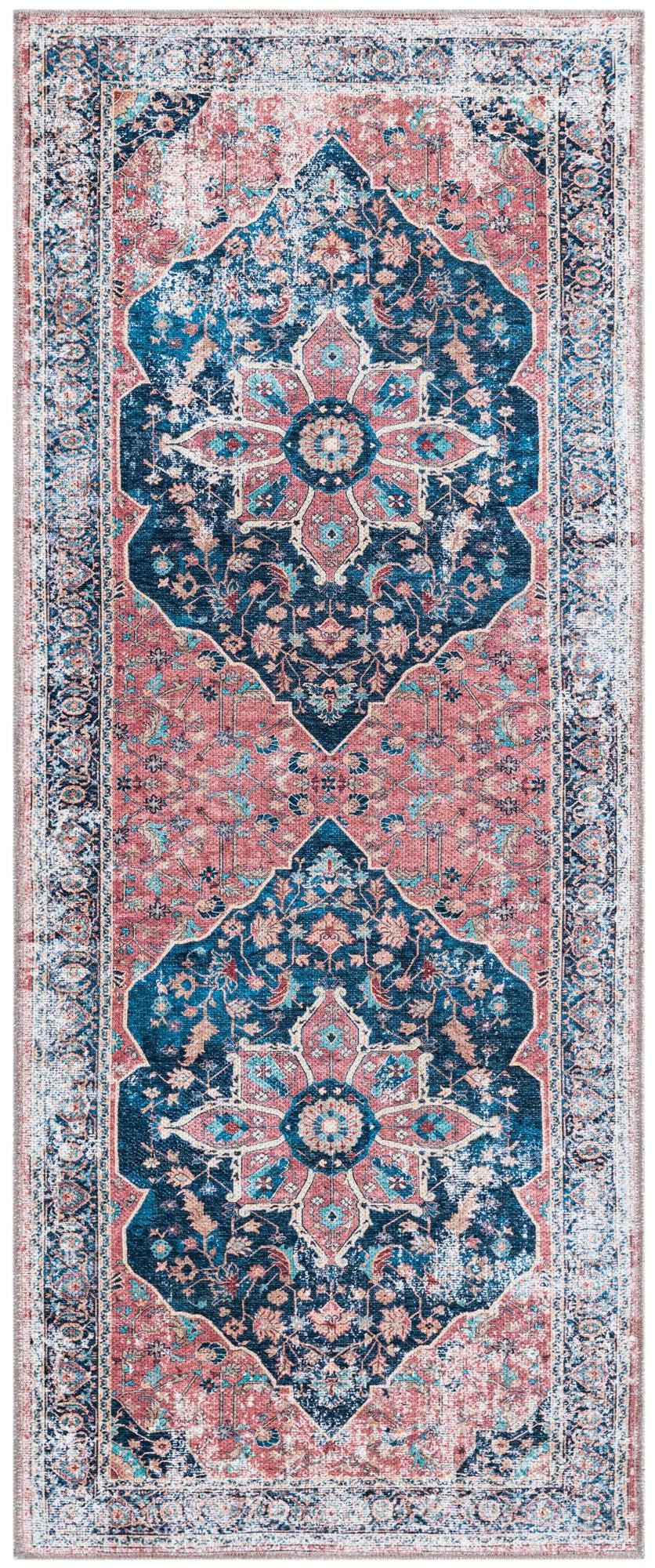 2' x 5' Abilene · Medallion Washable Rug, navy and pink