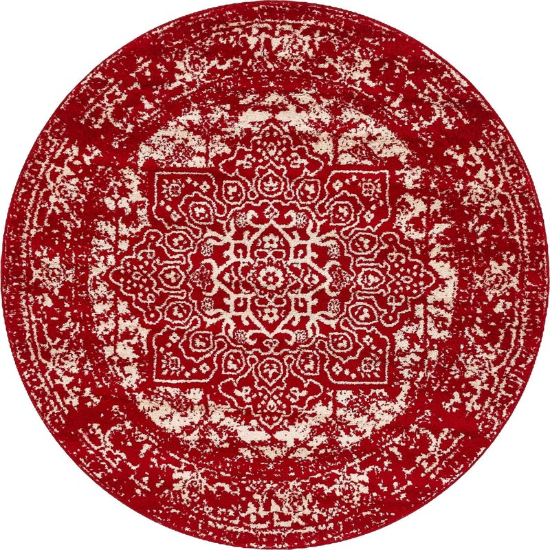 5' 3 x 5' 3 Birch · Distressed medallion rug, red and ivory