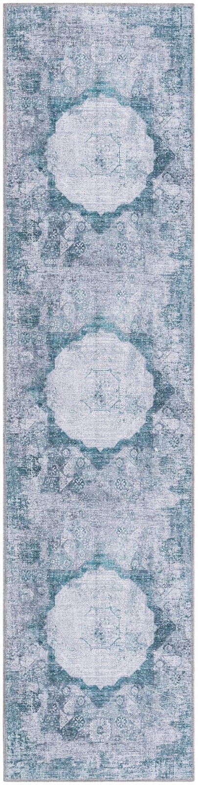 2' x 8' Fallowfield · Distressed medallion Washable Rug, teal and ivory