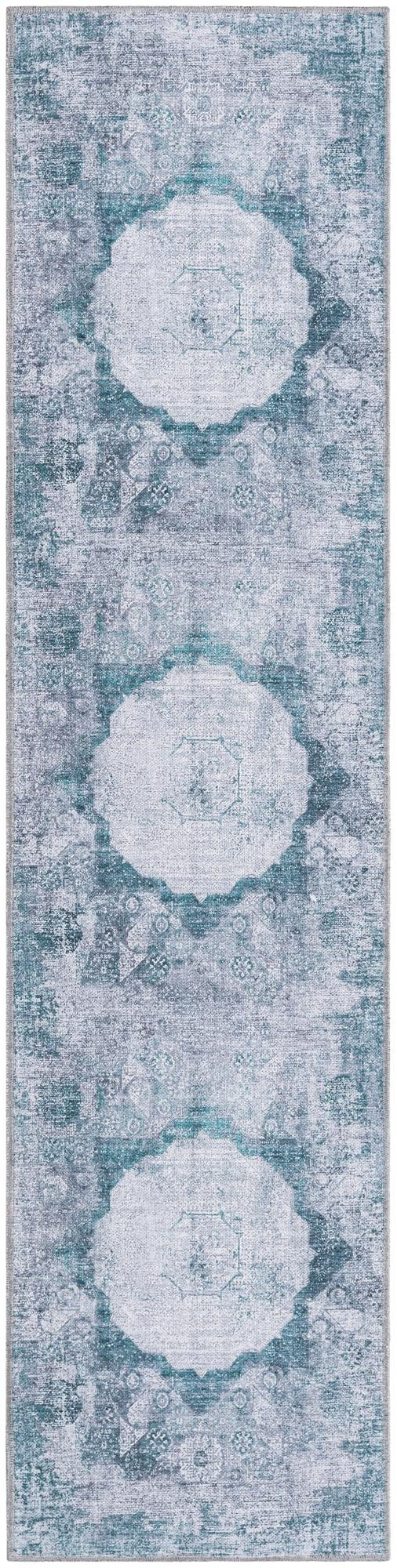 2' x 8' Fallowfield · Distressed medallion Washable Rug, teal and ivory