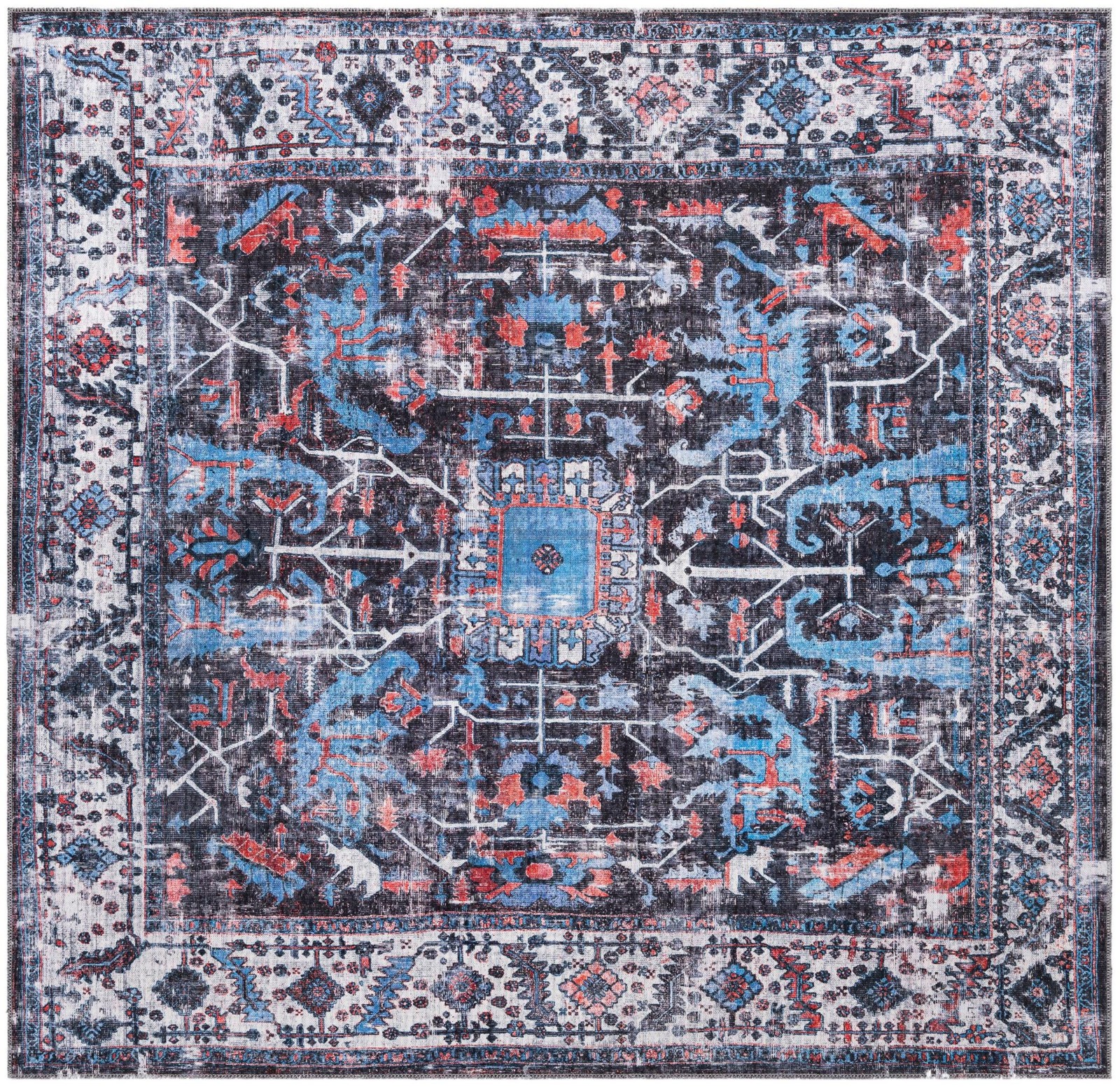 7' 10 x 7' 10 Redfern · Distressed medallion Washable Rug, black and blue