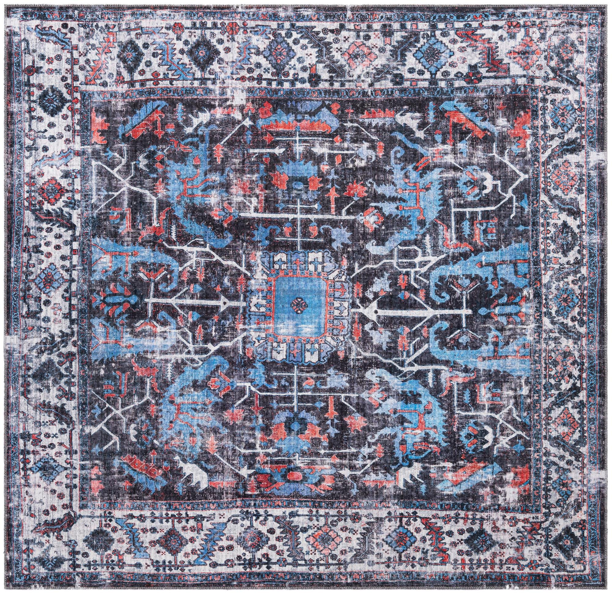 7' 10 x 7' 10 Redfern · Distressed medallion Washable Rug, black and blue