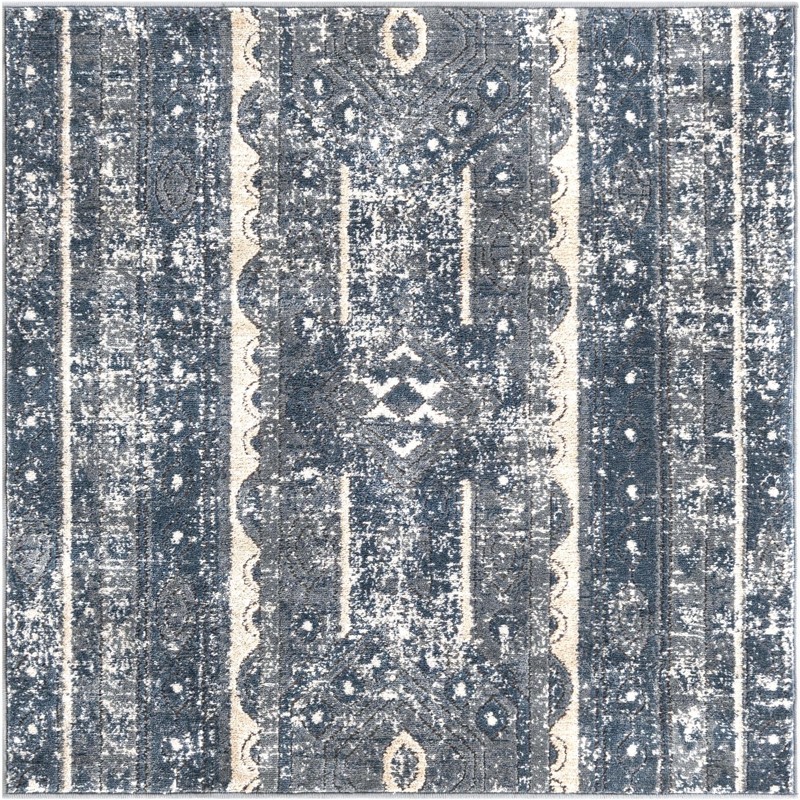 Grouse · Distressed striped rug, blue and beige