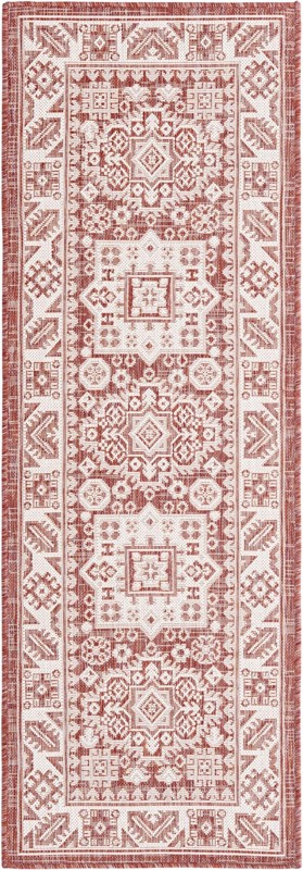 2' x 6' Bellamy · Tribal medallion Outdoor Rug, rust and ivory