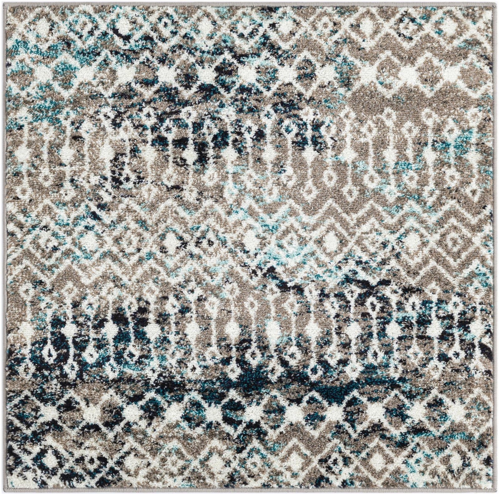 3' x 3' Boswell · Geometric trellis rug, gray and teal