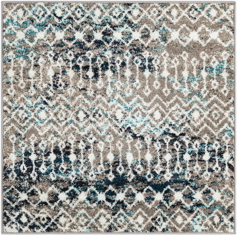 3' x 3' Boswell · Geometric trellis rug, gray and teal