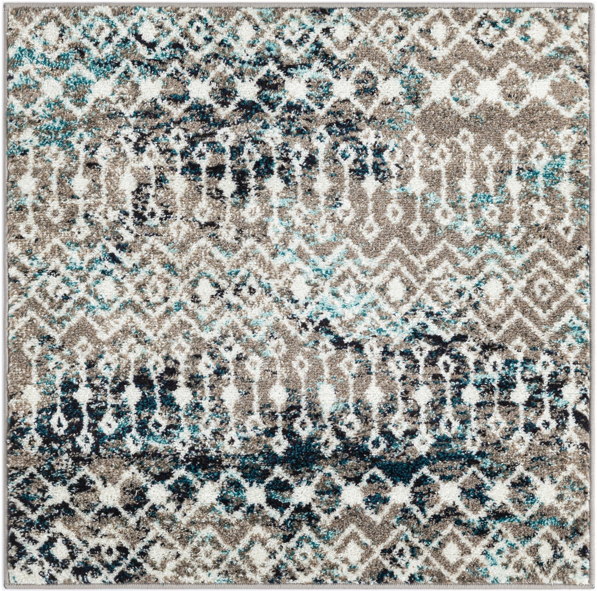 3' x 3' Boswell · Geometric trellis rug, gray and teal