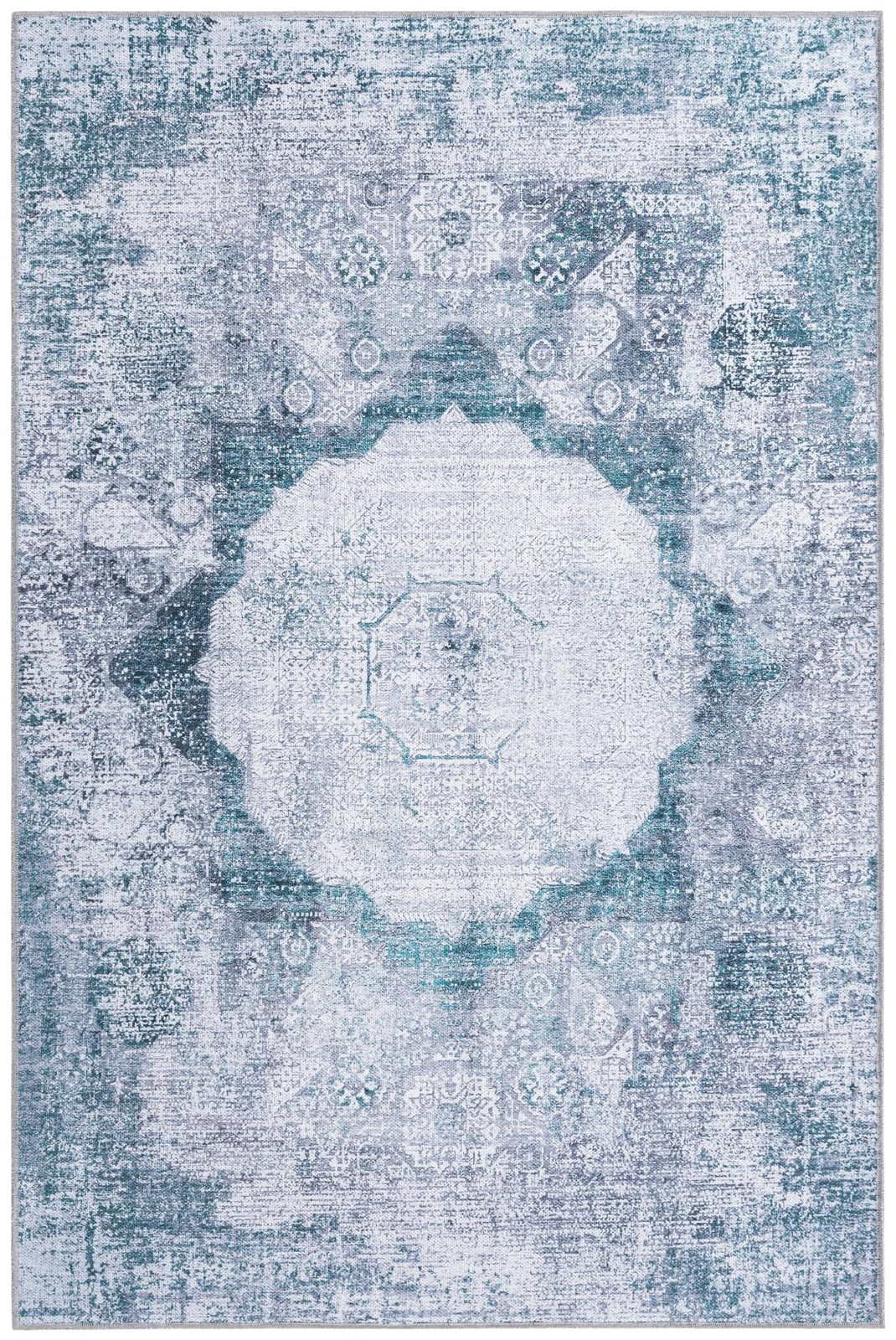 4' x 6' Fallowfield · Distressed medallion Washable Rug, teal and ivory