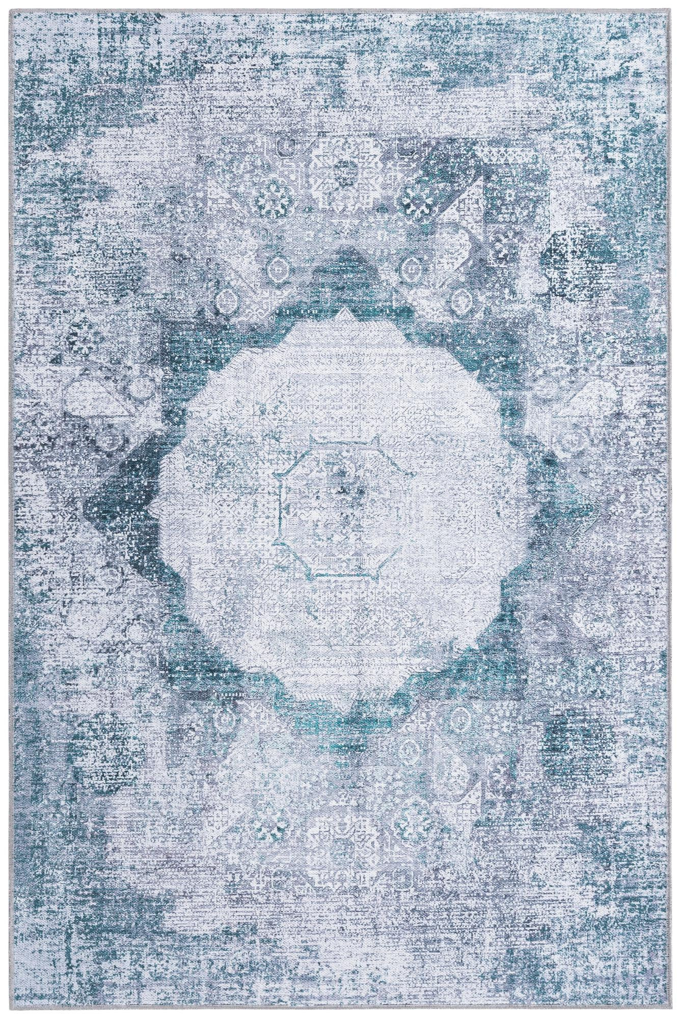 4' x 6' Fallowfield · Distressed medallion Washable Rug, teal and ivory