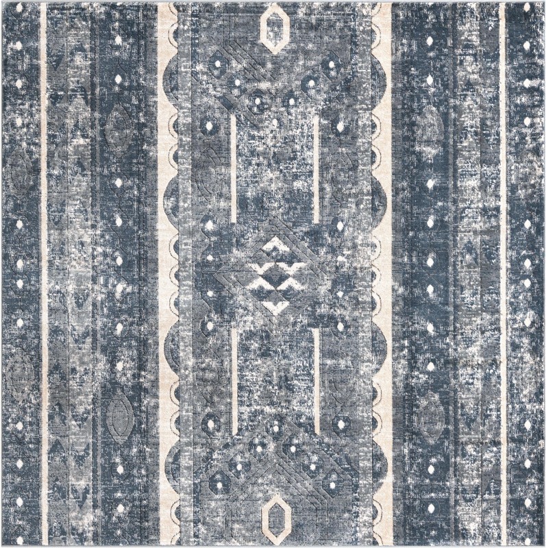 7' 10 x 7' 10 Grouse · Distressed striped rug, blue and beige