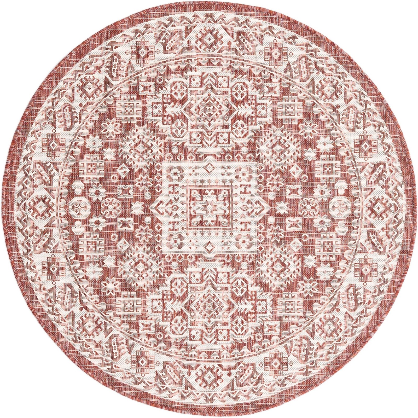 4' x 4' Bellamy · Tribal medallion Outdoor Rug, rust and ivory