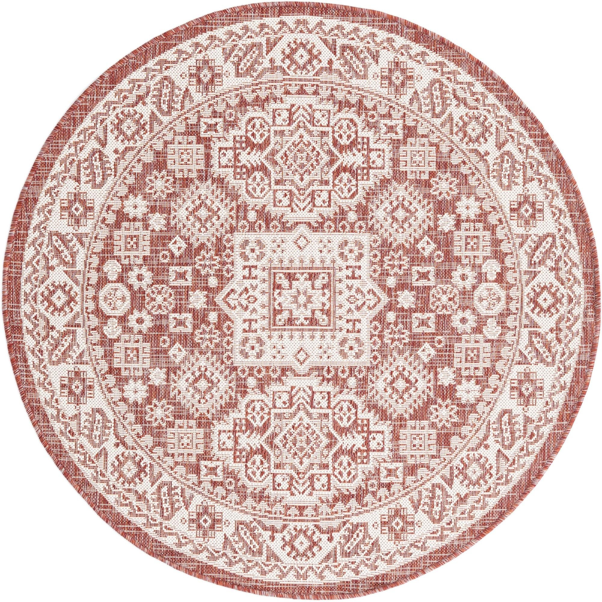 4' x 4' Bellamy · Tribal medallion Outdoor Rug, rust and ivory