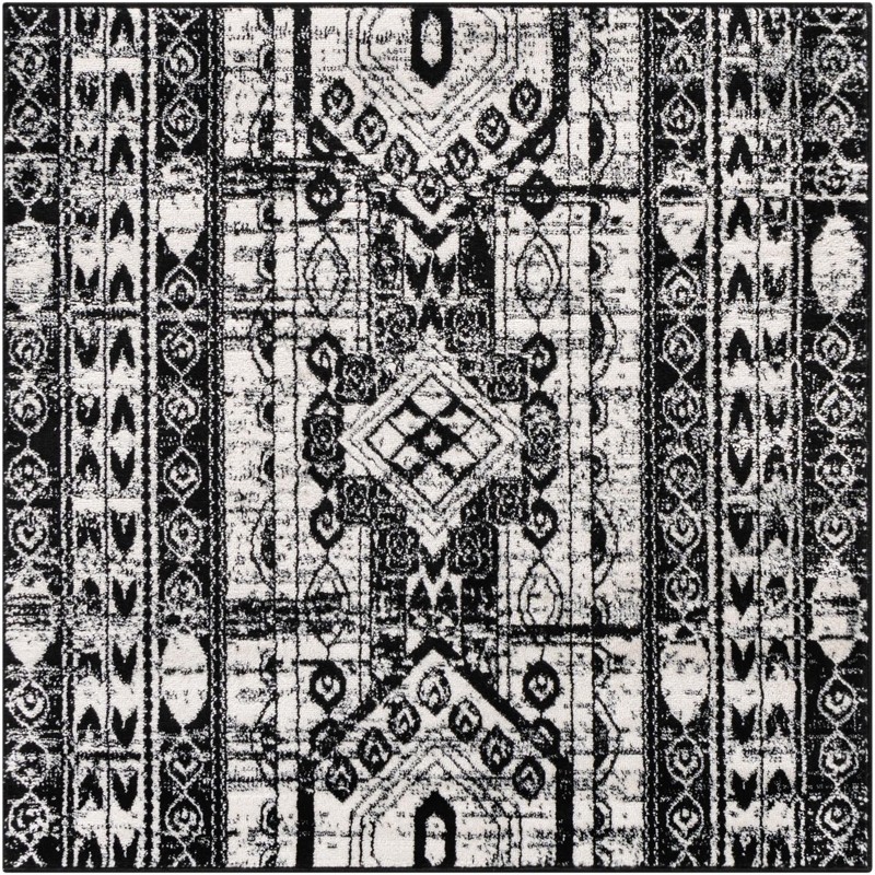 4' x 4' Grouse · Tribal medallion rug, black and white
