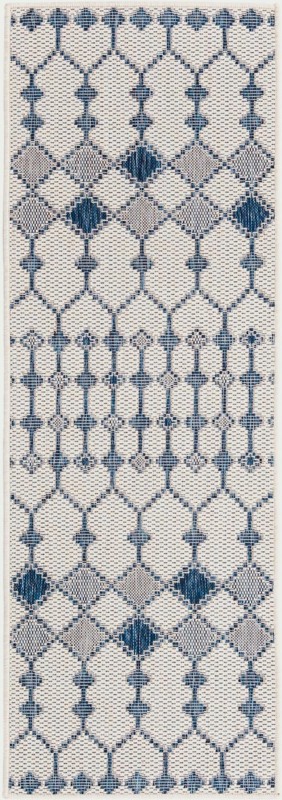 2' x 6' Ramsden · Geometric lattice Outdoor Rug, blue and ivory