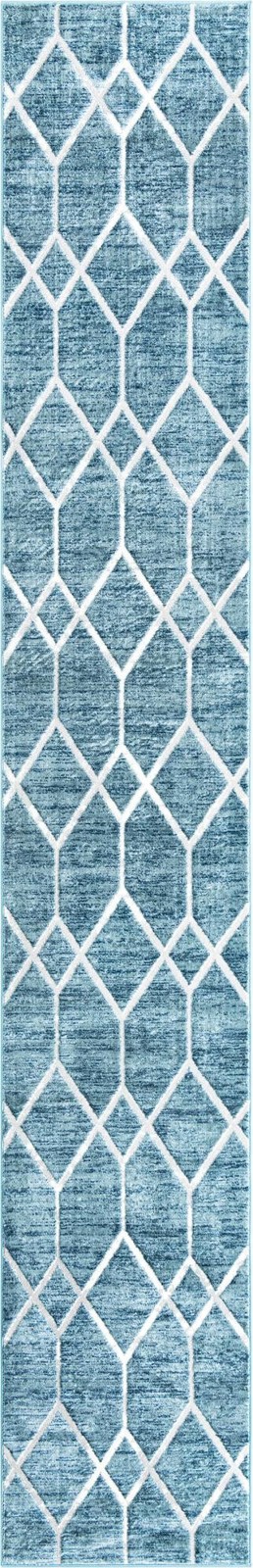 2' 7 x 16' 5 Thatcher · Geometric trellis rug, blue and ivory