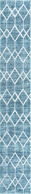 2' 7 x 16' 5 Thatcher · Geometric trellis rug, blue and ivory