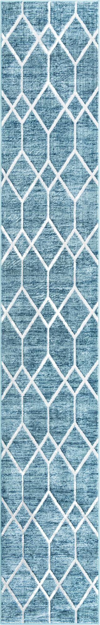 2' 7 x 16' 5 Thatcher · Geometric trellis rug, blue and ivory