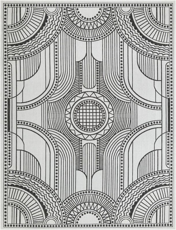 9' x 12' Brough · Border Outdoor Rug, white and black