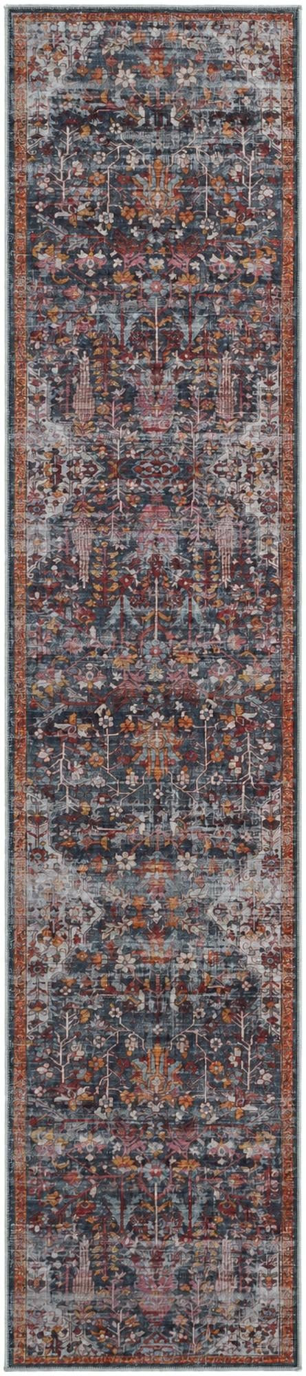 2' 7 x 12' Massey · Distressed floral rug, navy and rust