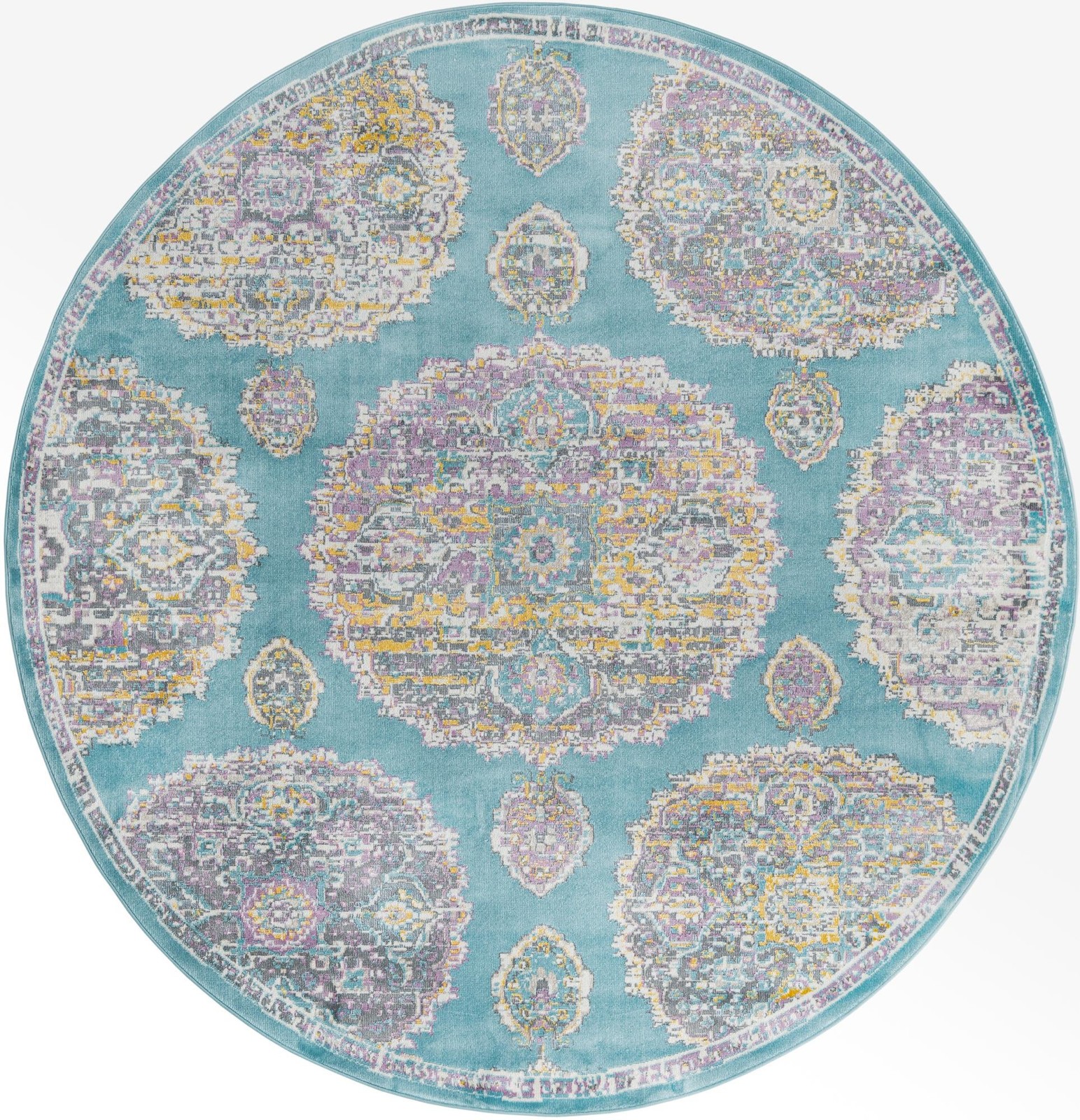 8' 2 x 8' 2 Mather · Medallion rug, turquoise and gold