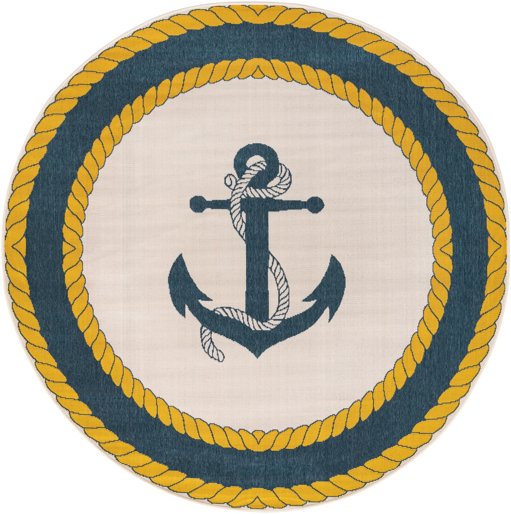 7' x 7' Dewitt · Nautical anchor Outdoor Rug, navy and yellow