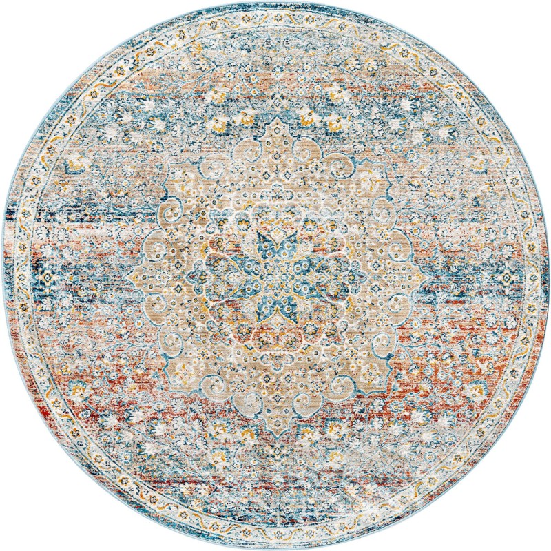 5' 3 x 5' 3 Stanford · Distressed medallion rug, blue and rust