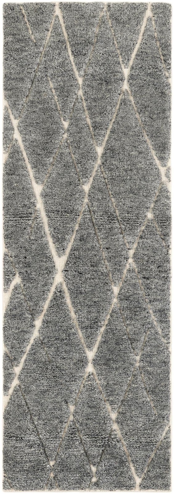 2' x 6' 1 Geary · Diamond trellis Wool Shag Rug, gray and ivory