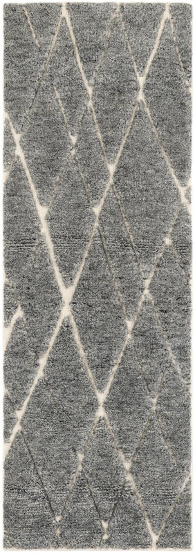 2' x 6' 1 Geary · Diamond trellis Wool Shag Rug, gray and ivory
