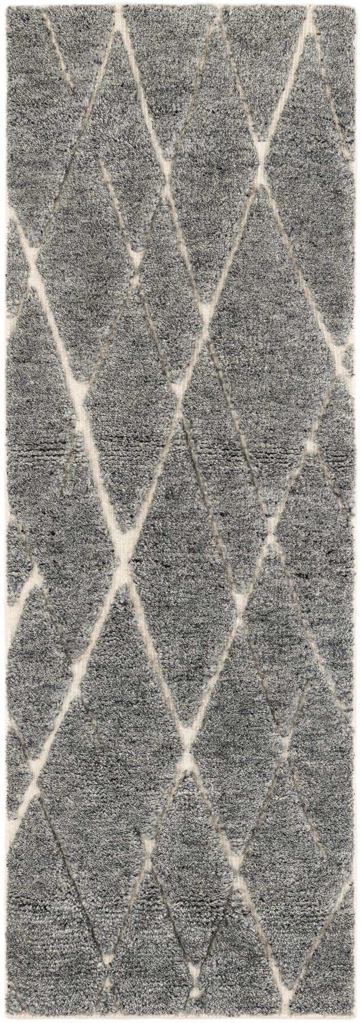 2' x 6' 1 Geary · Diamond trellis Wool Shag Rug, gray and ivory