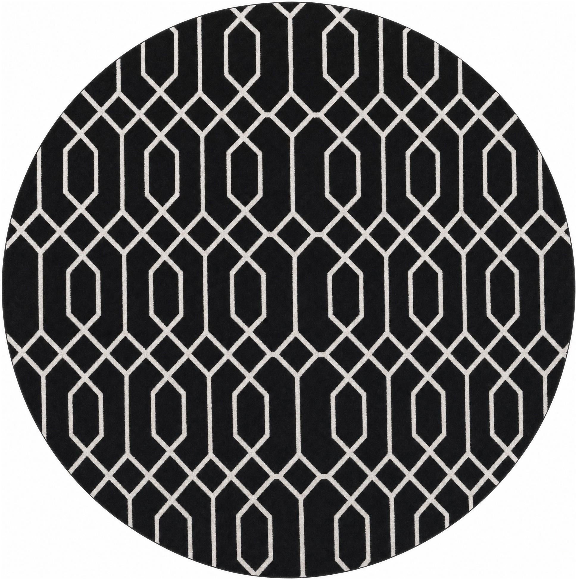 10' x 10' Cowley · Geometric trellis rug, black and silver