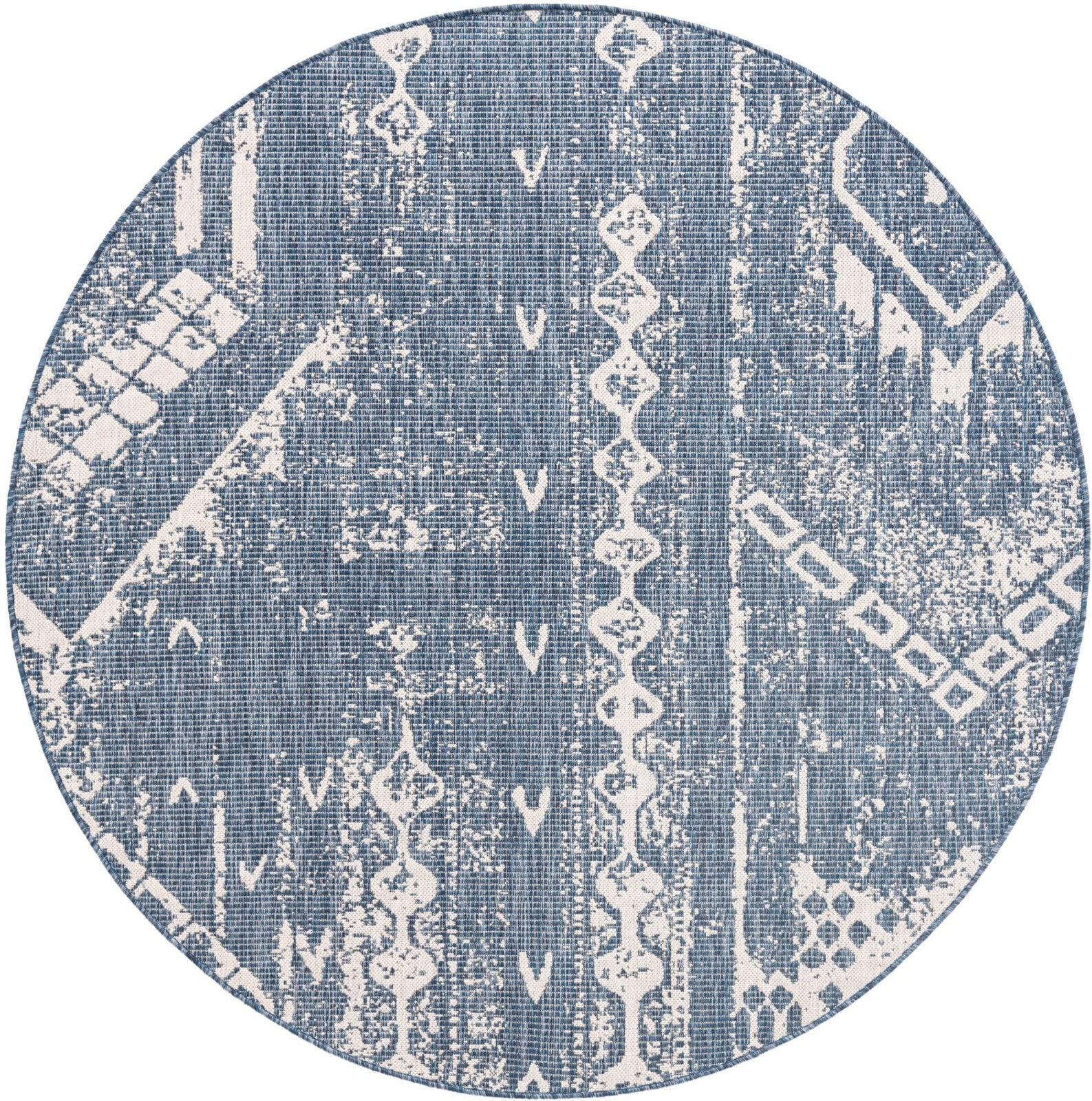 6' x 6' Wildman · Tribal geometric Outdoor Rug, blue and ivory